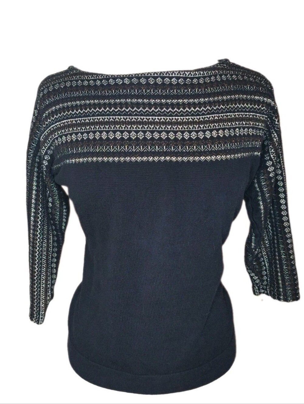 Chaps Ralph Lauren Metallic Striped Geometric Design Sweater 3/4 Sleeve Size SM